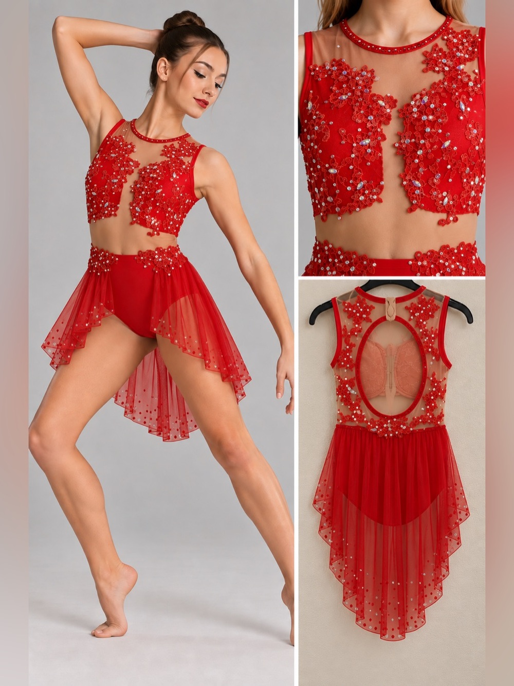Competition solo Custom dance costume red mesh rhinestone illusion lyrical LC